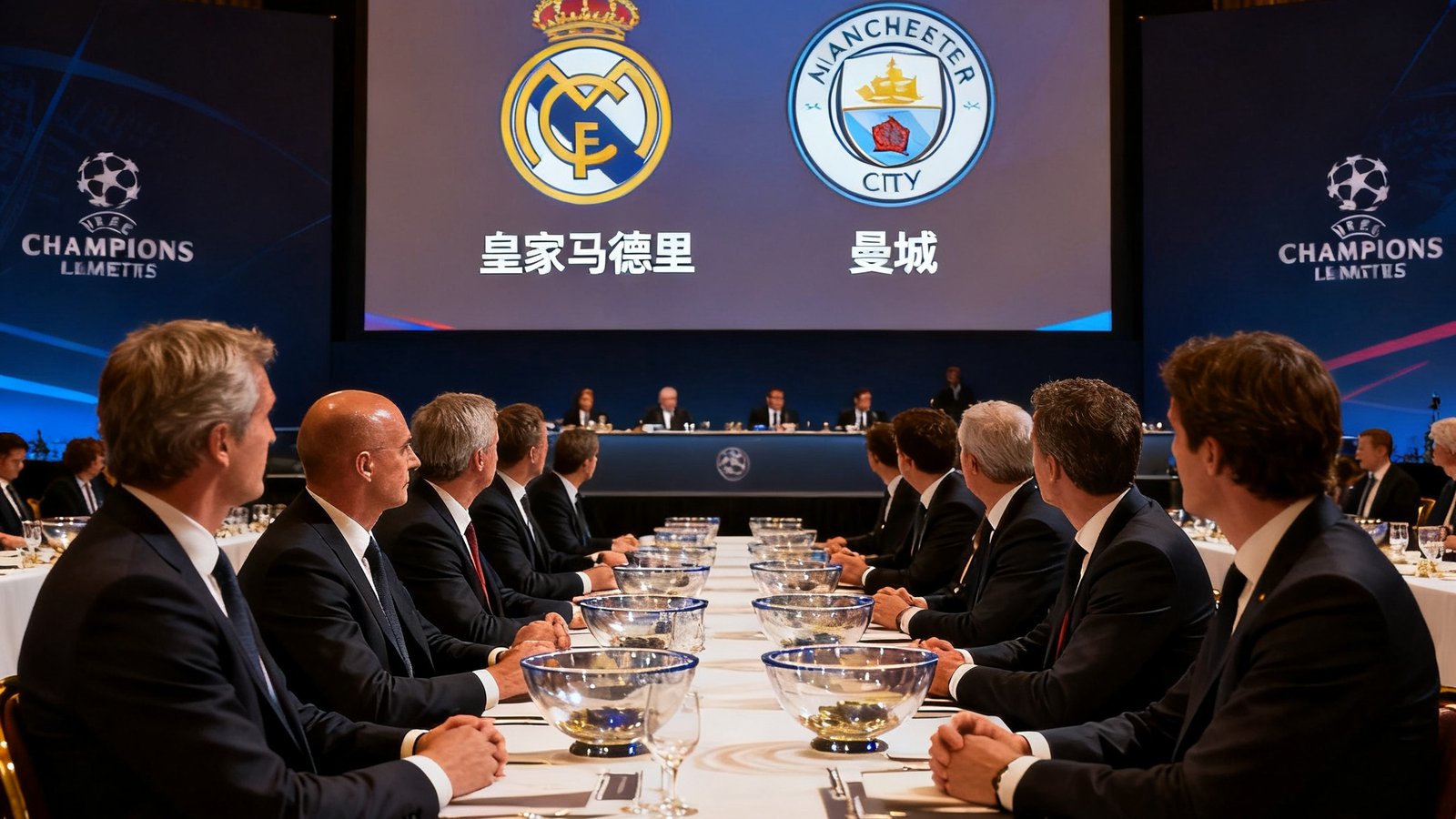 欧冠淘汰赛抽签仪式在瑞士尼翁举行的现场画面，各俱乐部代表身着正装坐在宴会厅中，大屏幕展示抽签结果，皇家马德里与曼城标志并列显示